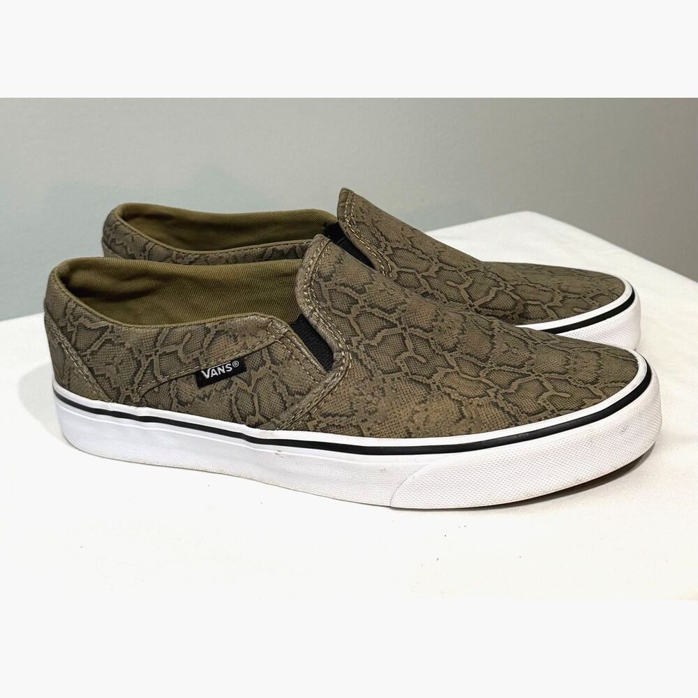 Vans Slip On Snake Print Shoes Womens 8 Olive Green Canvas Sneakers